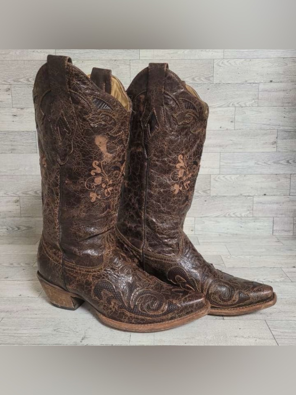 Corral Brown Lizard Cowboy Boots Women’s Size 8.5 Western Exotic Leather Inlay